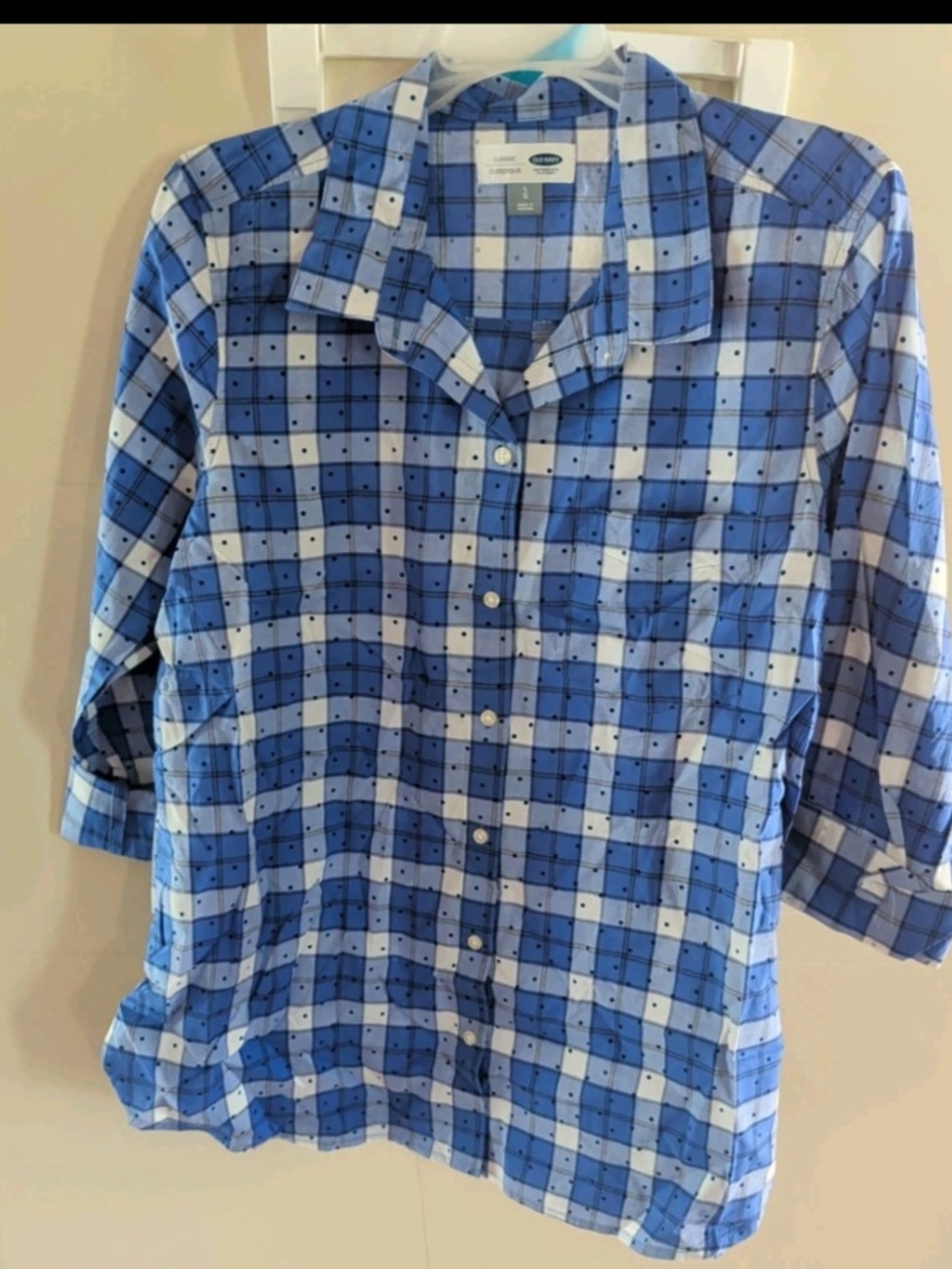 New Old Navy Small Button Shirt Blue Plaid 3/4 Sleeve Shirt In Blue & White NWT